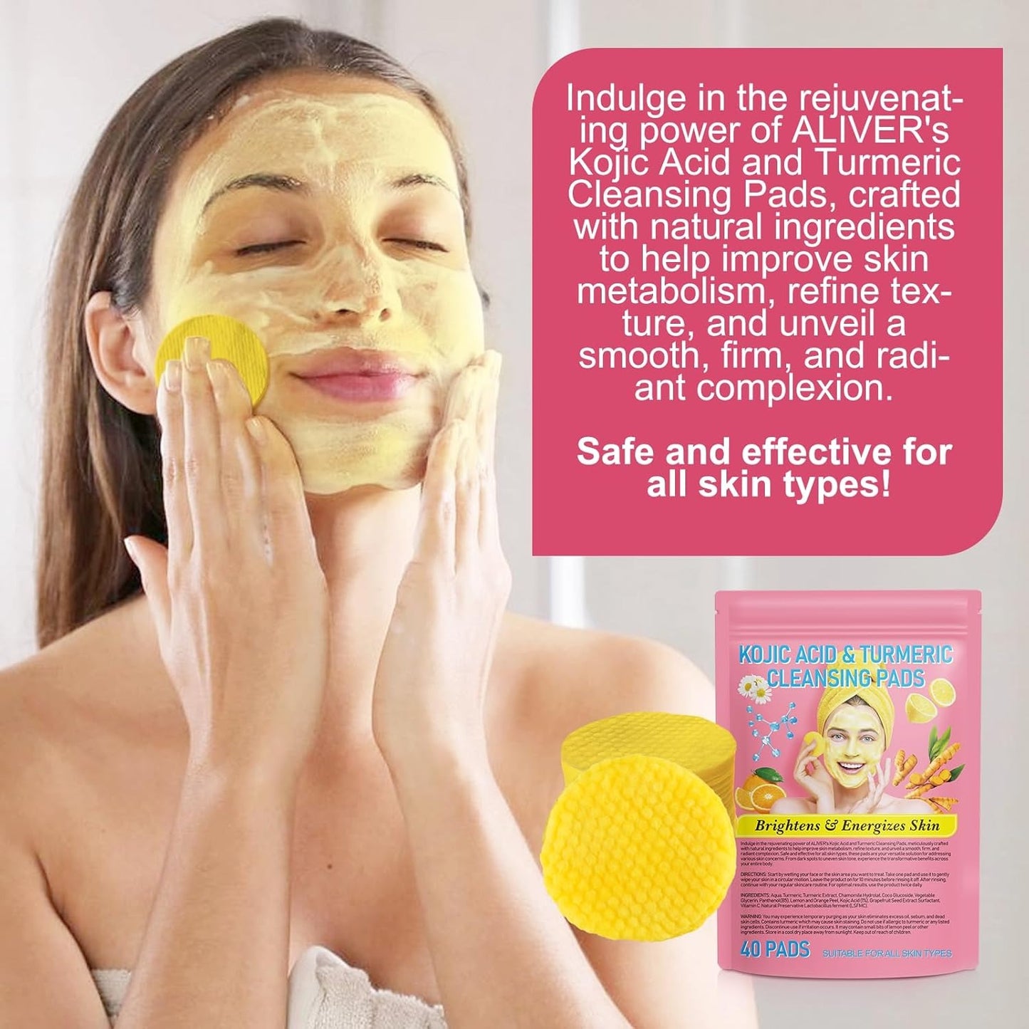 Turmeric Kojic Acid Face Pads 40 Brightening & Cleansing Discs for Dark Spots and Even Skin Tone